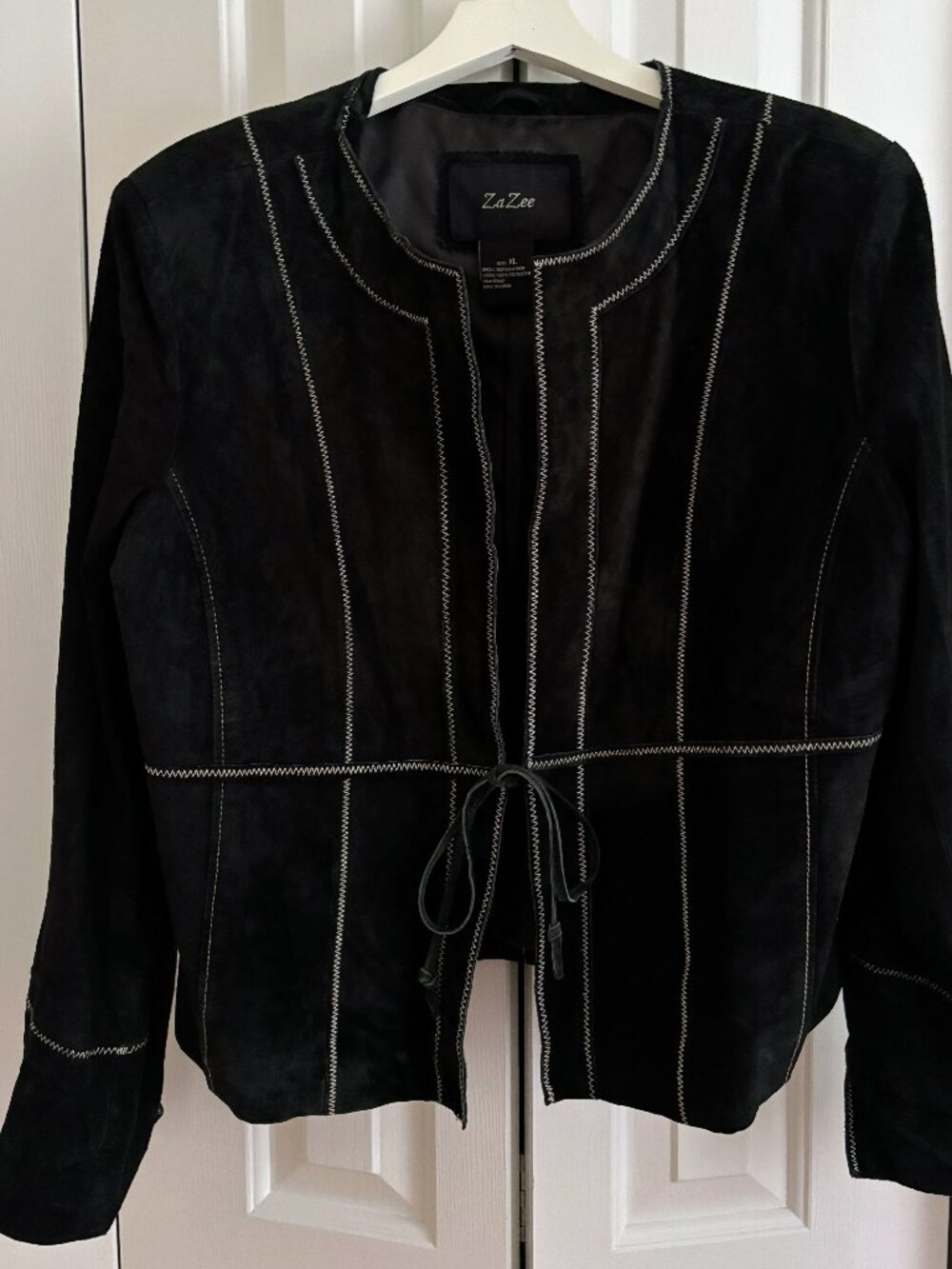 Vintage 100% Suede Leather Women's Jacket, Black with White Stitching, Size XL